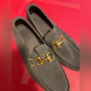 Salvatore Ferragamo Navy Suede Loafers with Gold Hardware